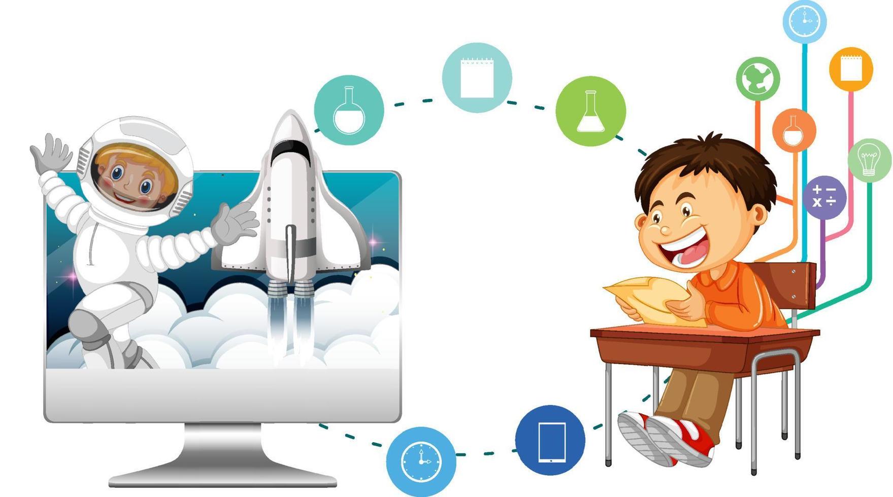 School boy with computer and education icons vector