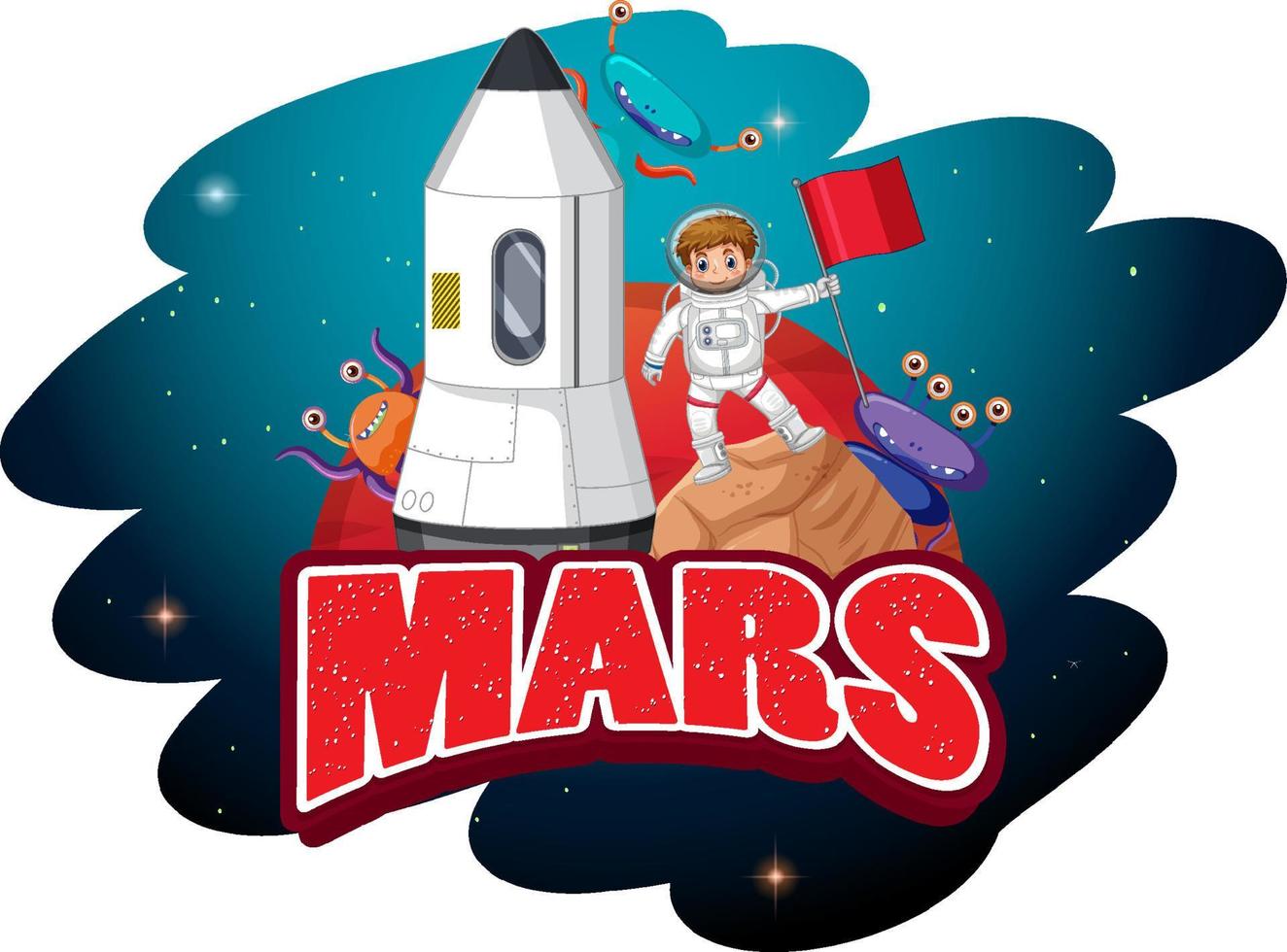Mars word design with spaceship and astronaut vector