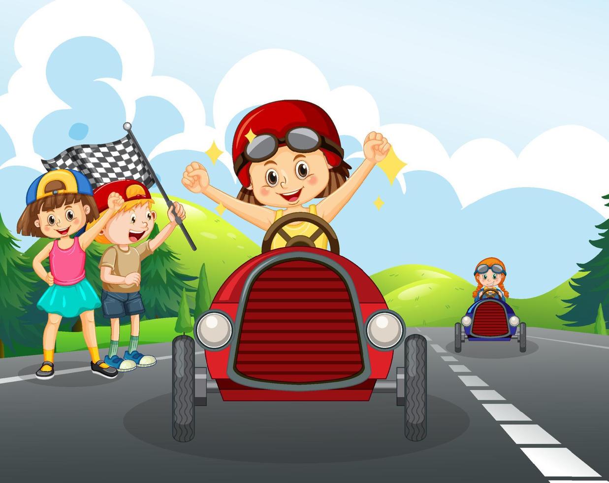 Scene with children racing car vector