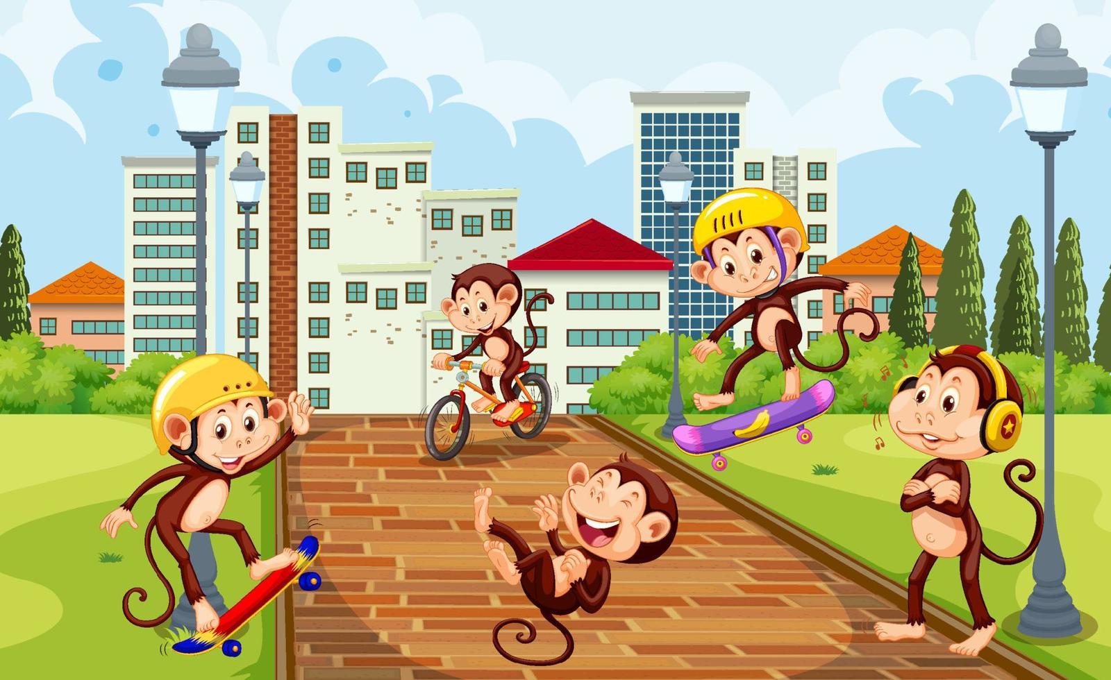 Outdoor park with little monkeys doing different activities vector