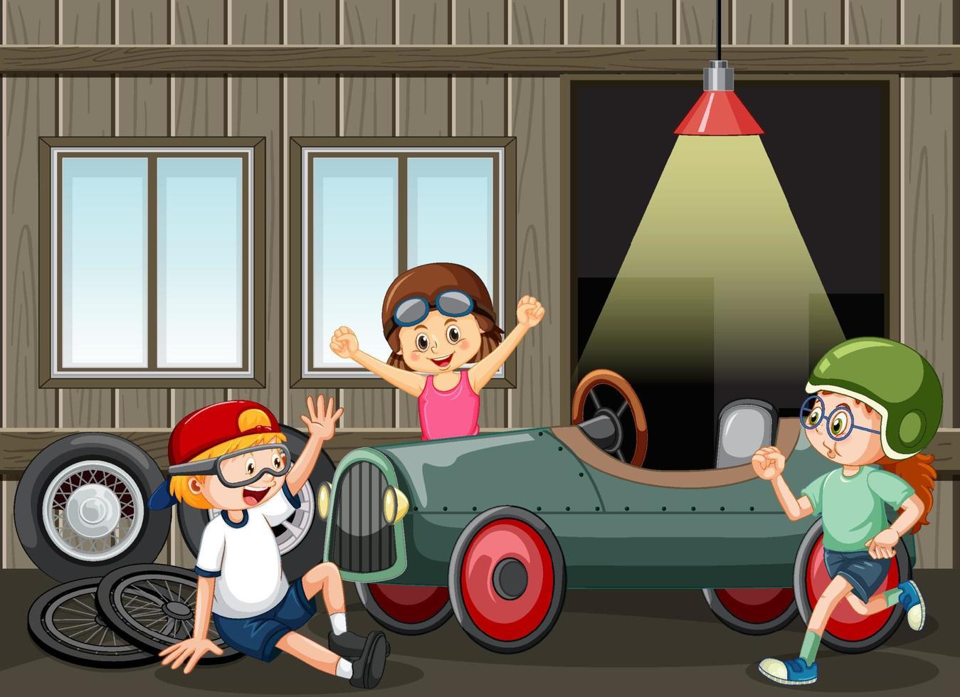 Garage scene with children fixing a car together vector