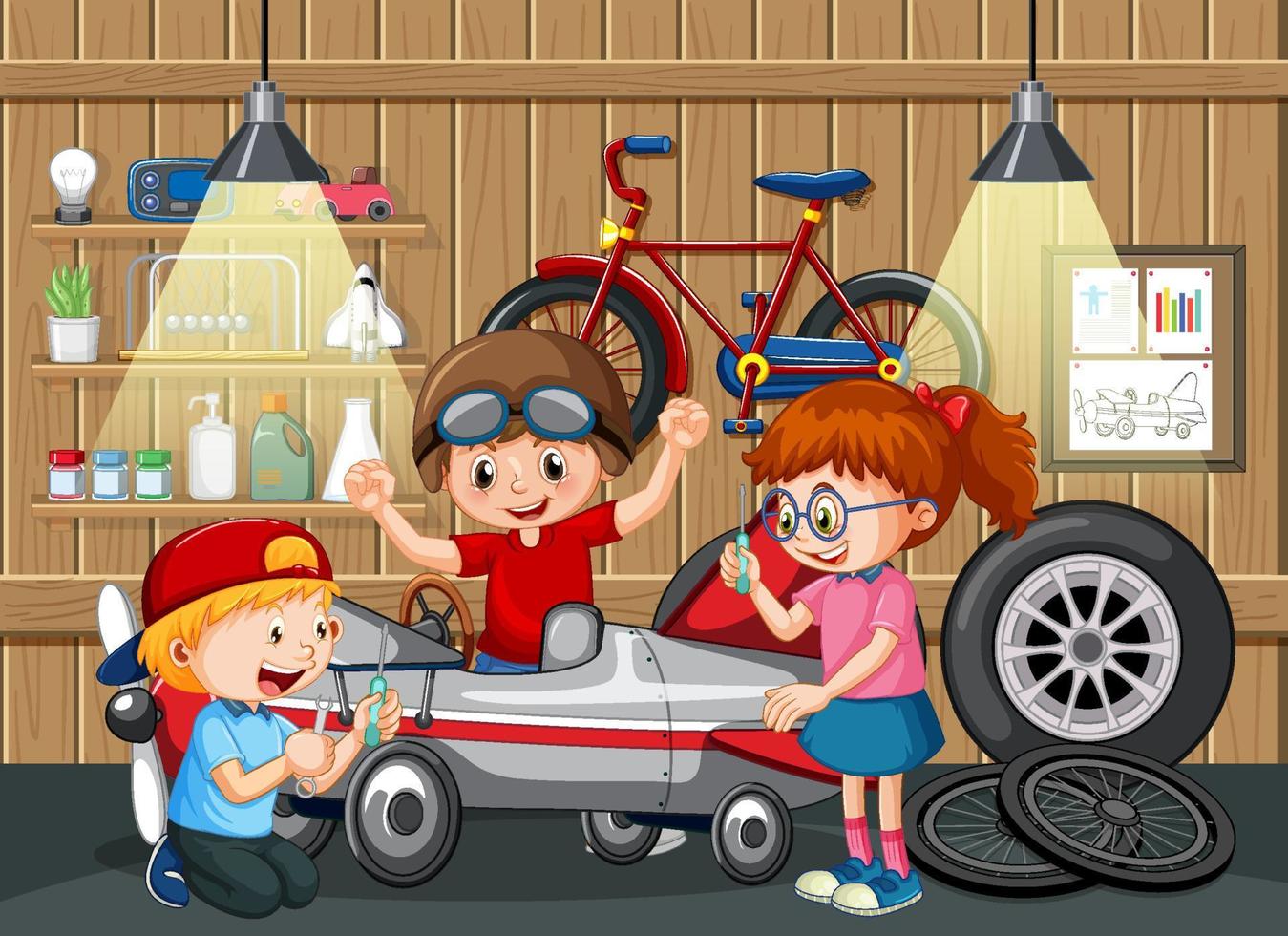 Garage scene with children fixing a car together vector