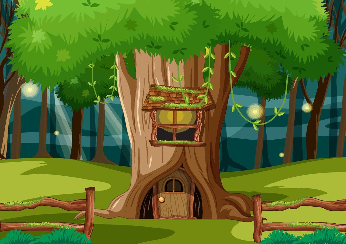 Fantasy forest scene with hollow tree house vector