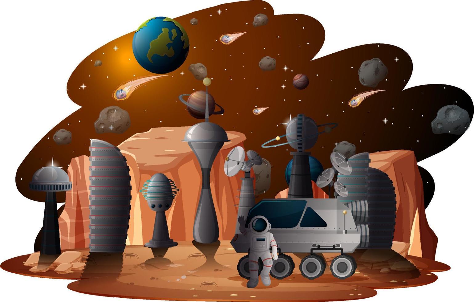 Space station on planet landscape vector