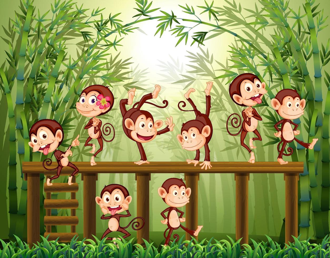 Little monkeys on bamboo forest background vector