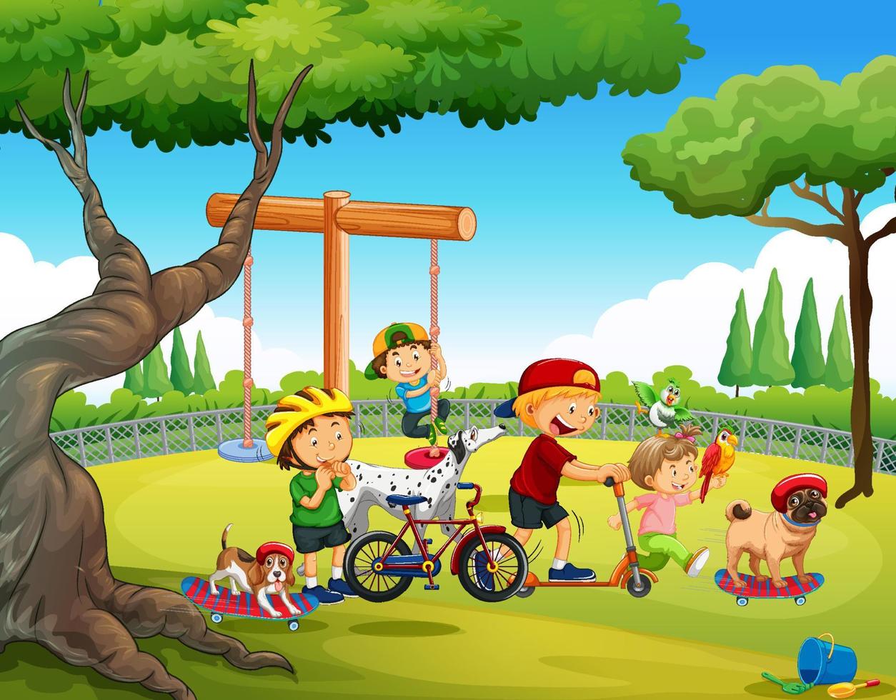 Playground scene with children playing with dogs vector