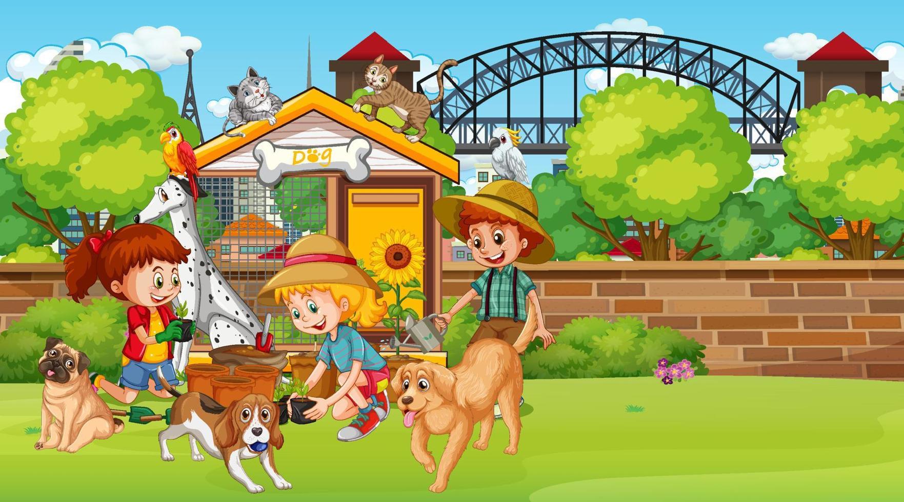 Park scene with children playing with their animals vector