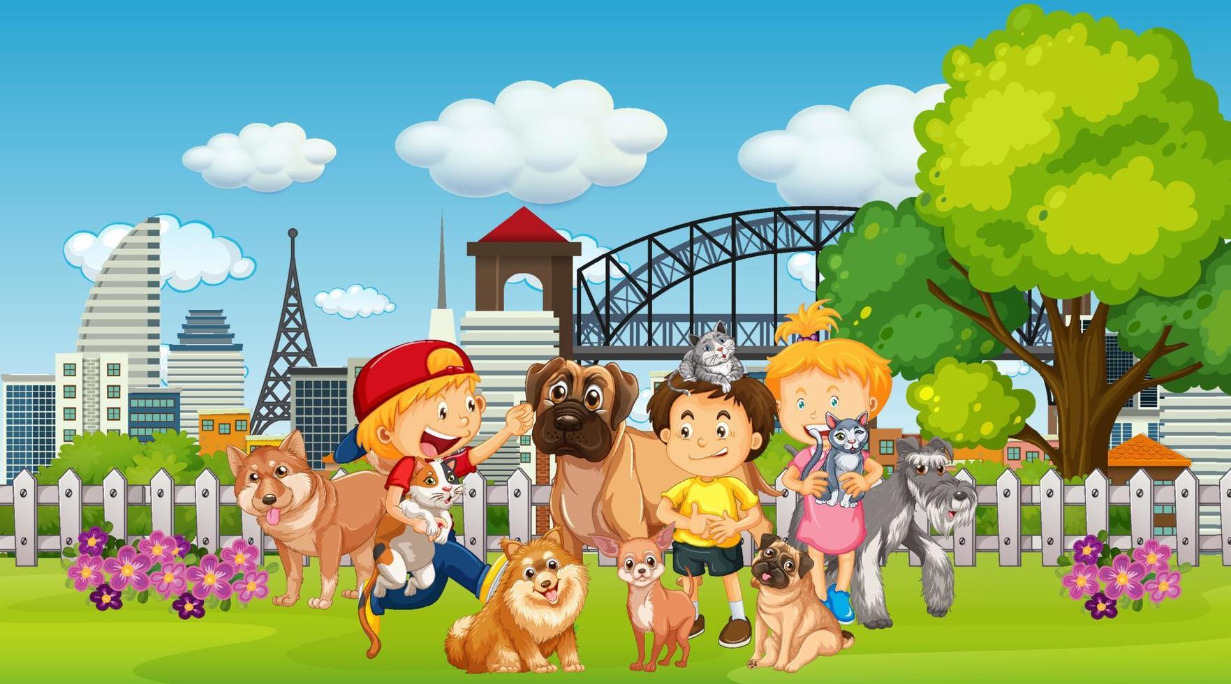 Park scene with children playing with their animals vector