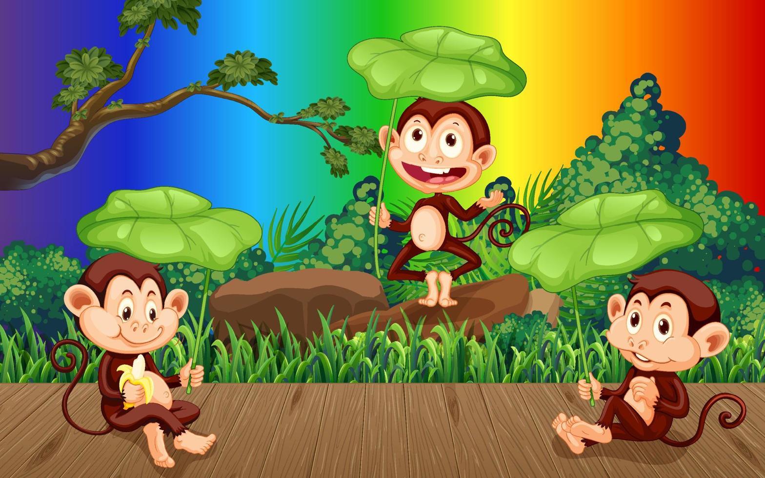 Three monkeys in the forest on gradient rainbow background vector