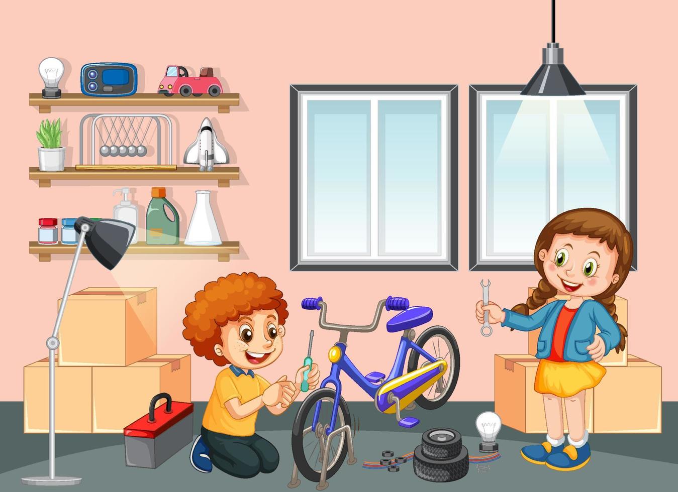 niños arreglando una bicicleta juntos en la escena de la habitación vector