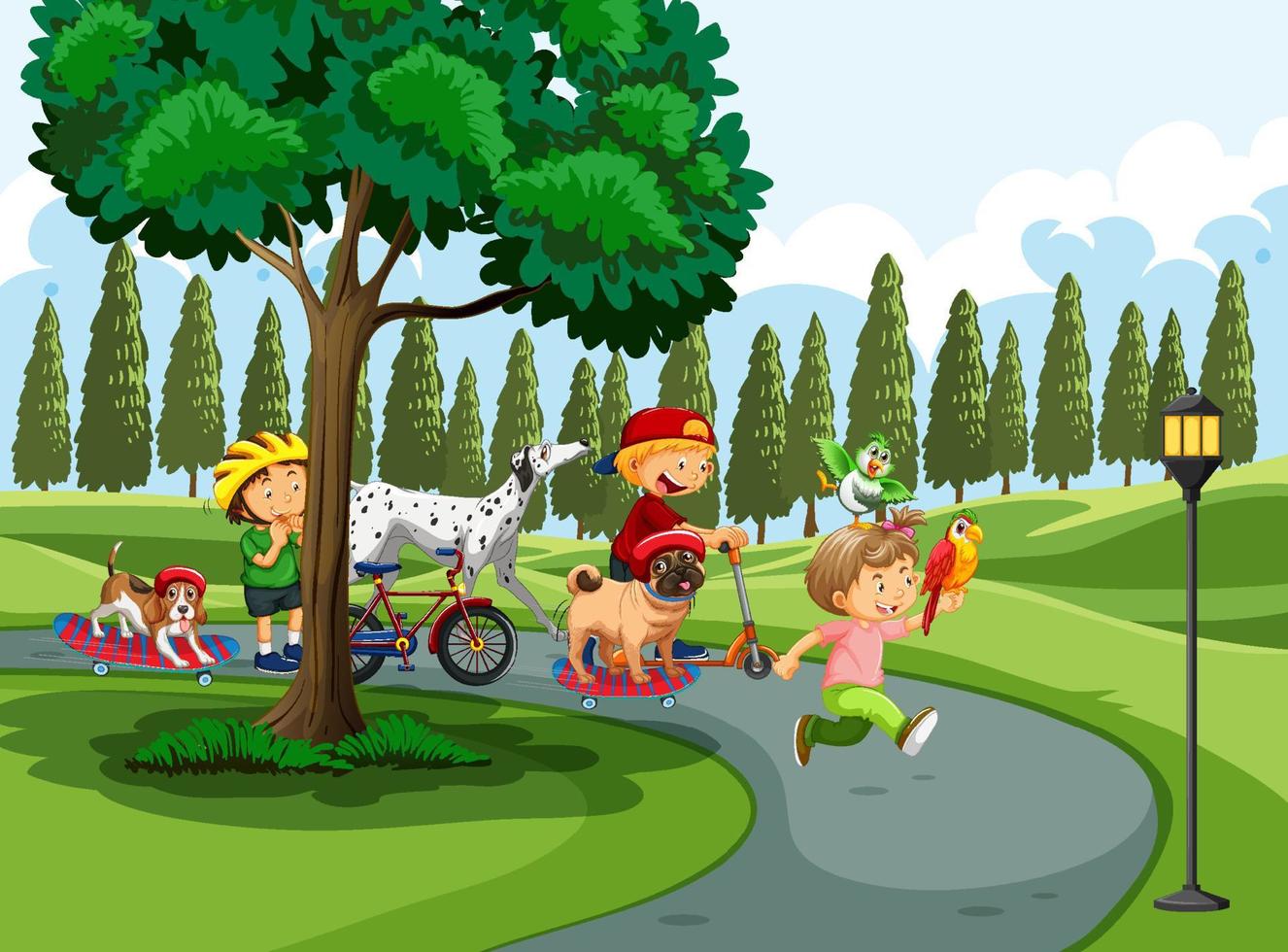 Children playing with their animals at the park vector