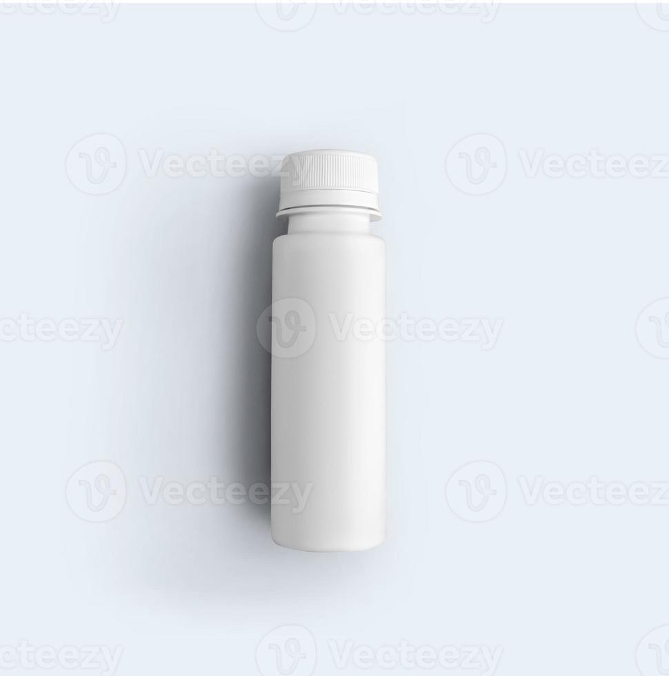 Representación 3D botella de polvo cosmético blanco en blanco con tapa de plástico aislado sobre fondo gris. apto para el diseño de su maqueta. foto