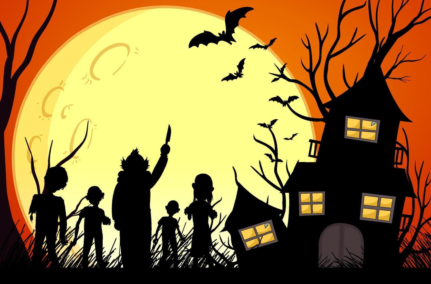 Haunted house and zombies silhouette on full background vector