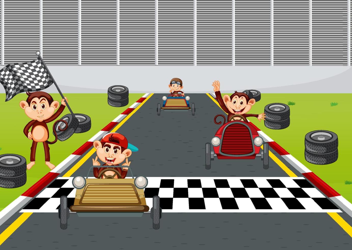 Race track scene with monkey racing drivers vector