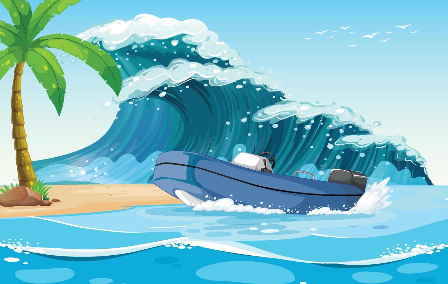 Beach scene with dinghy boat on sea wave vector