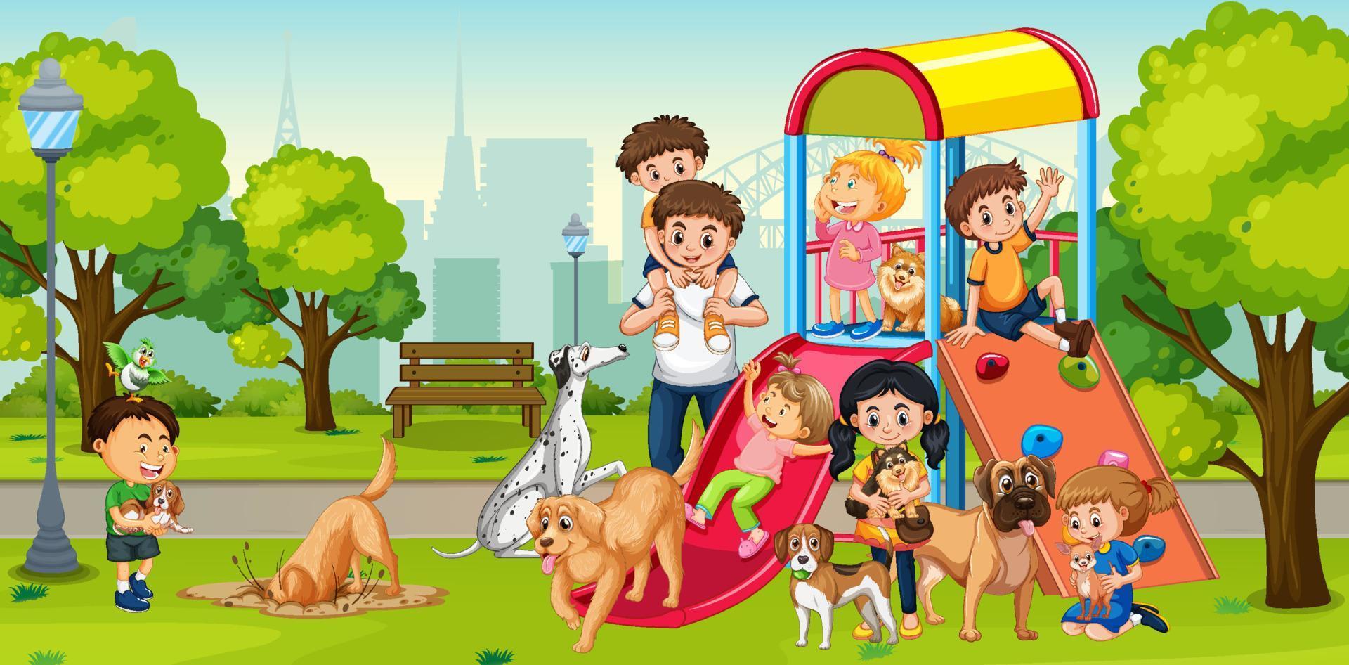 Playground scene with children playing with dogs vector