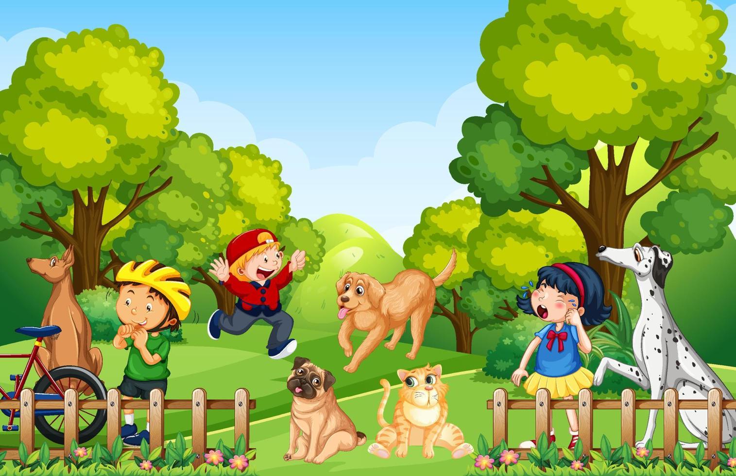 Park scene with children playing with their animals vector