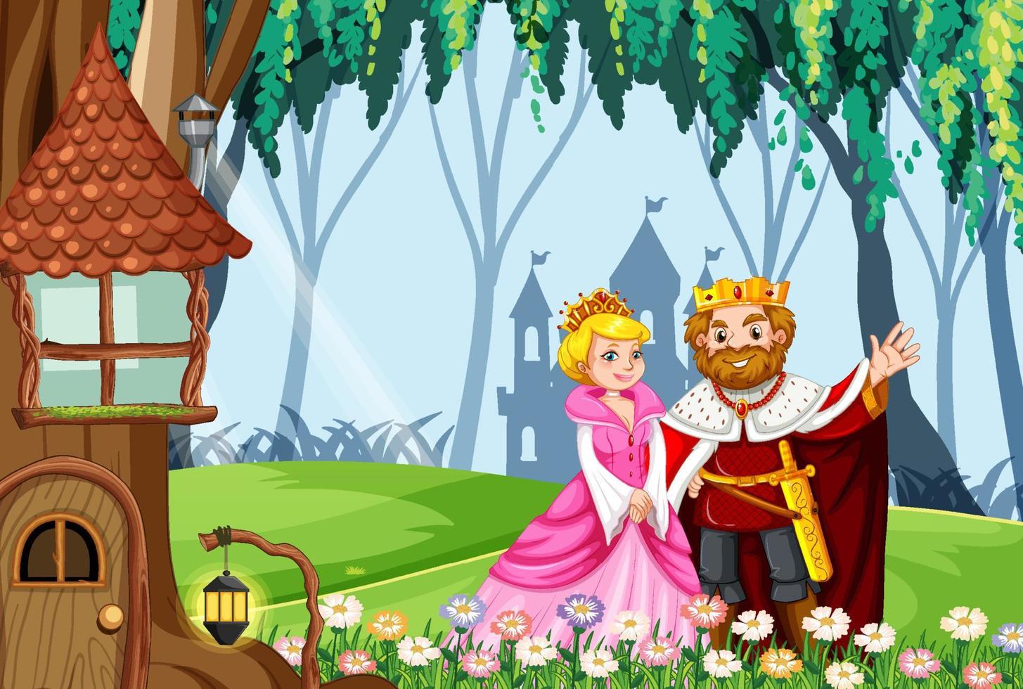 King and queen in enchanted forest background vector