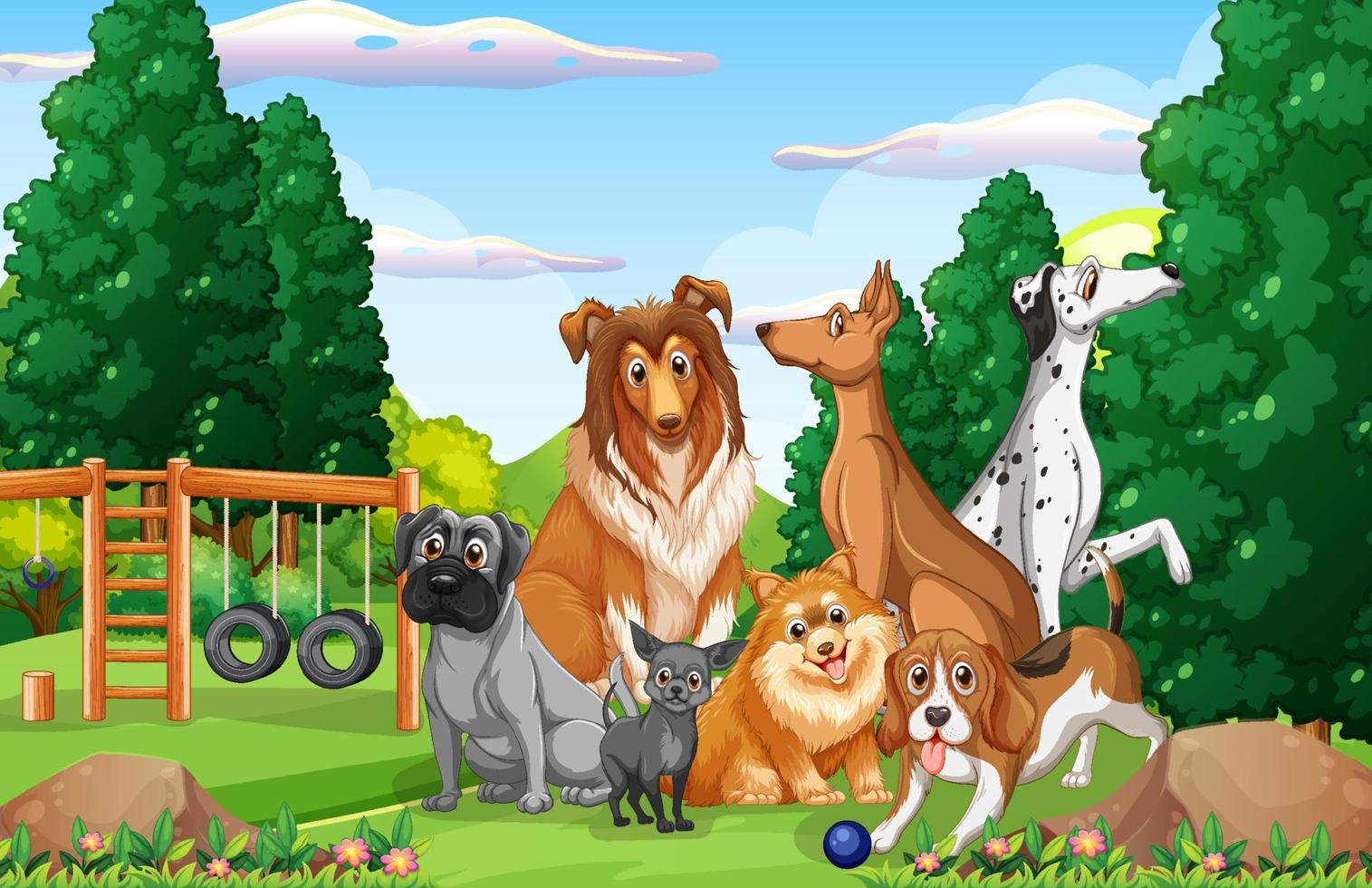 Escena de la naturaleza del parque con muchos perros diferentes. vector