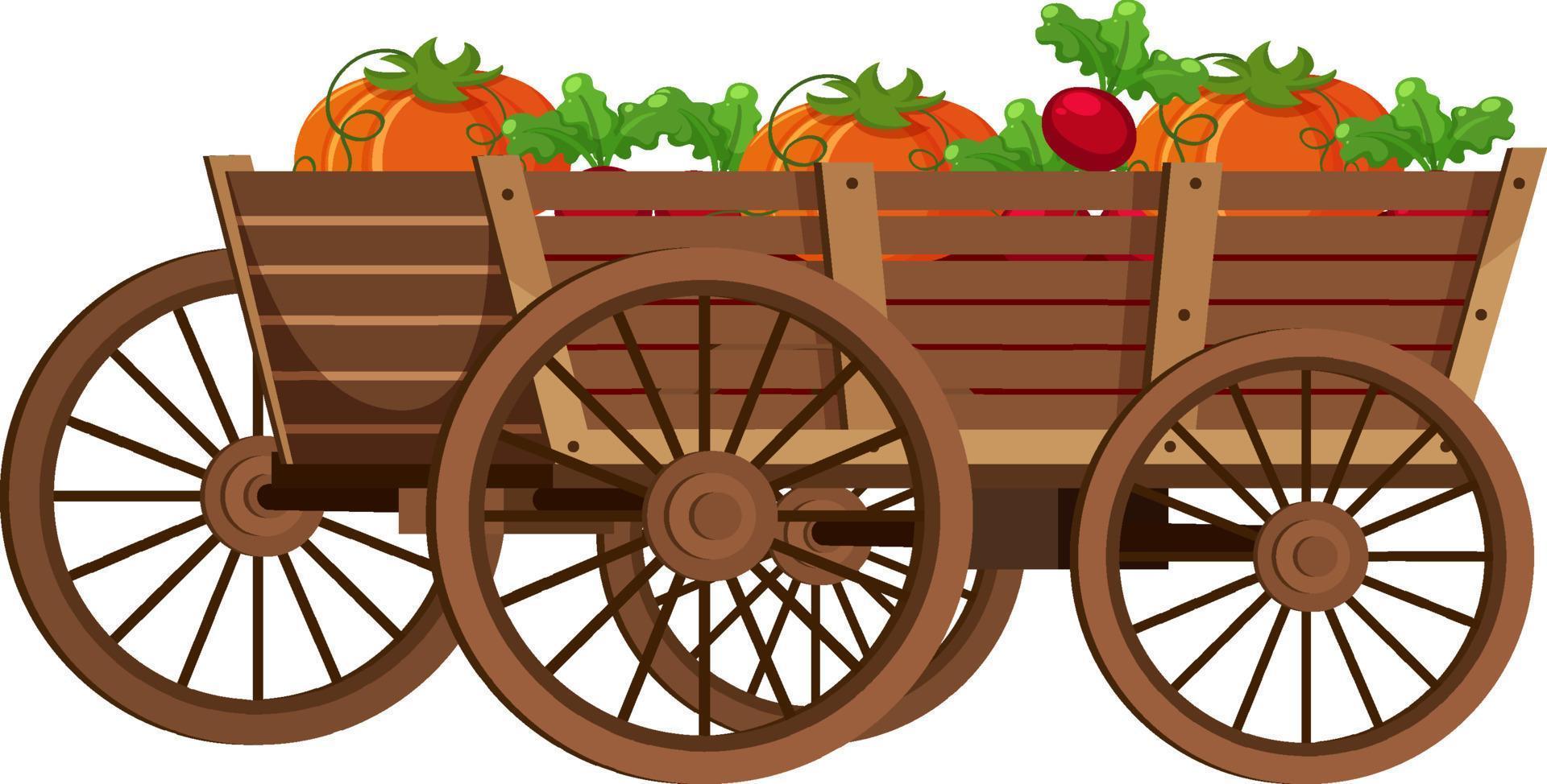 Many fruits in medieval wooden wagon vector