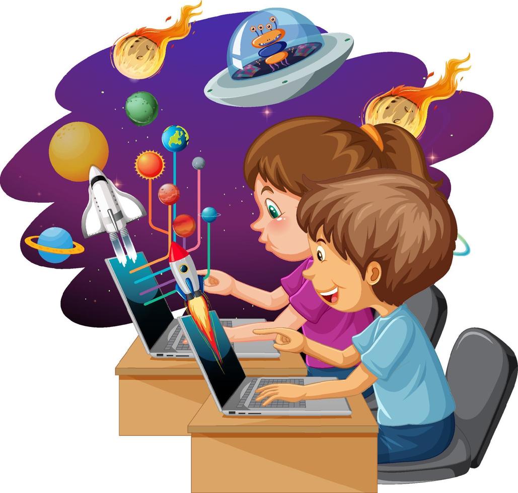 Kids using laptops with space icons vector