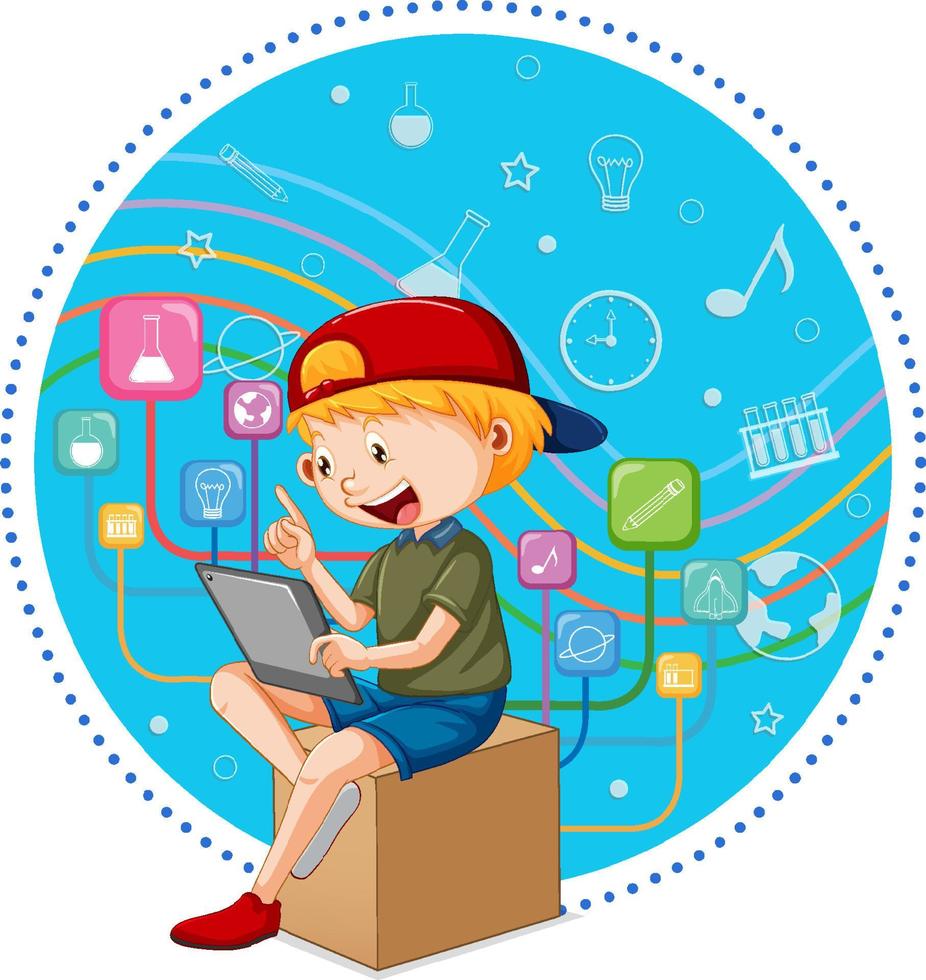 Young boy using tablet with education icons vector