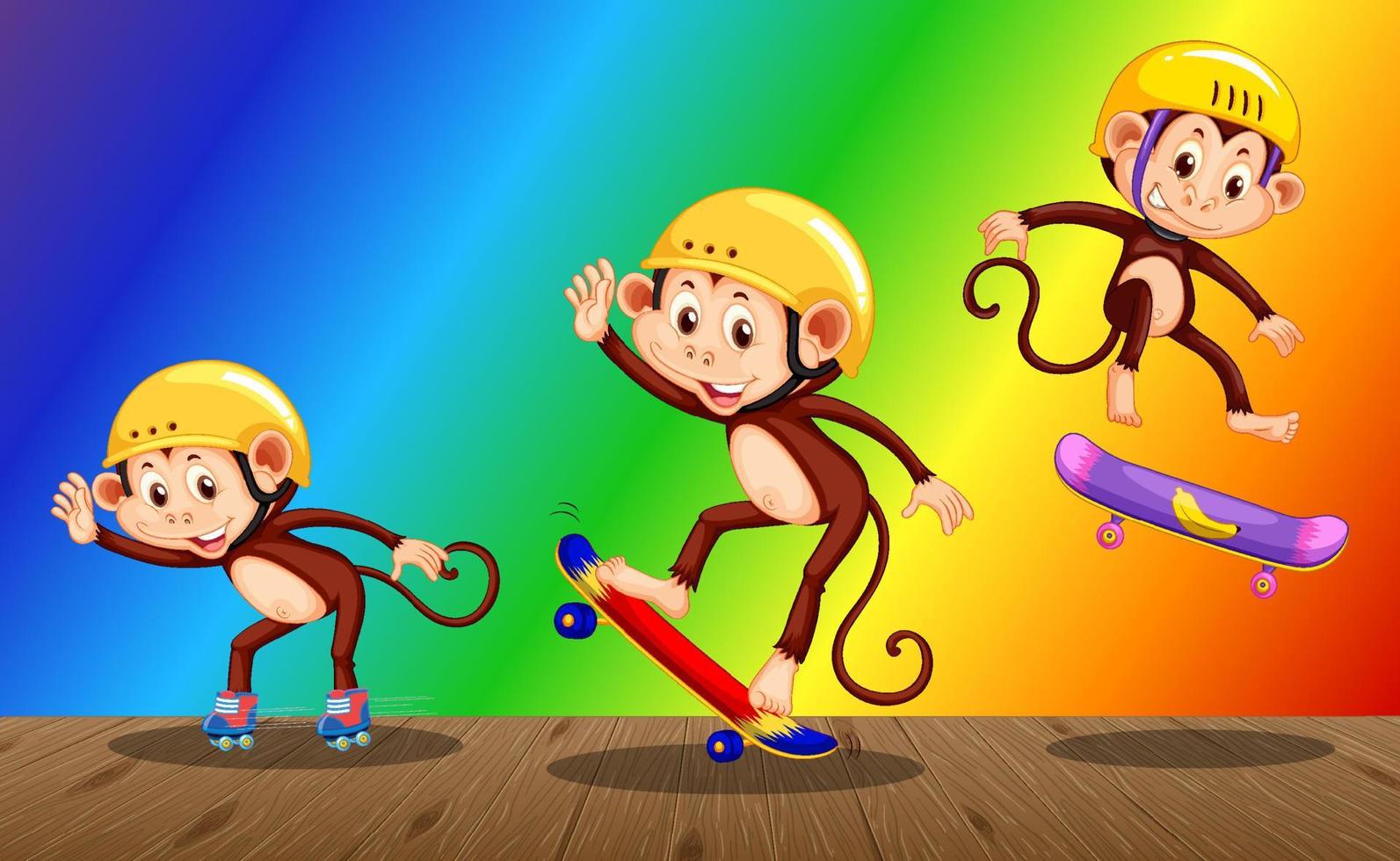 monos jugando patineta sobre fondo degradado de arco iris vector