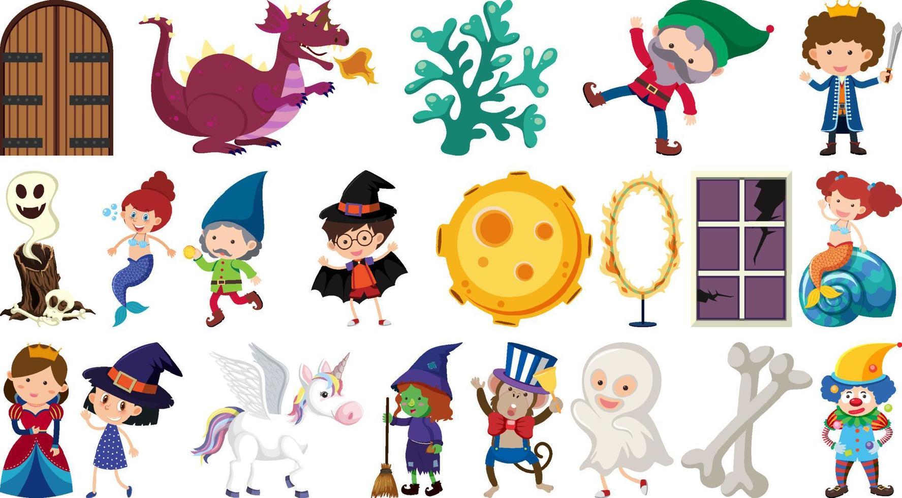 Set of isolated fairytale cartoon characters and objects vector