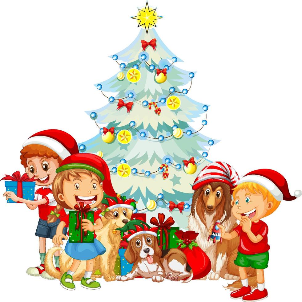 Children and dogs in Christmas theme vector