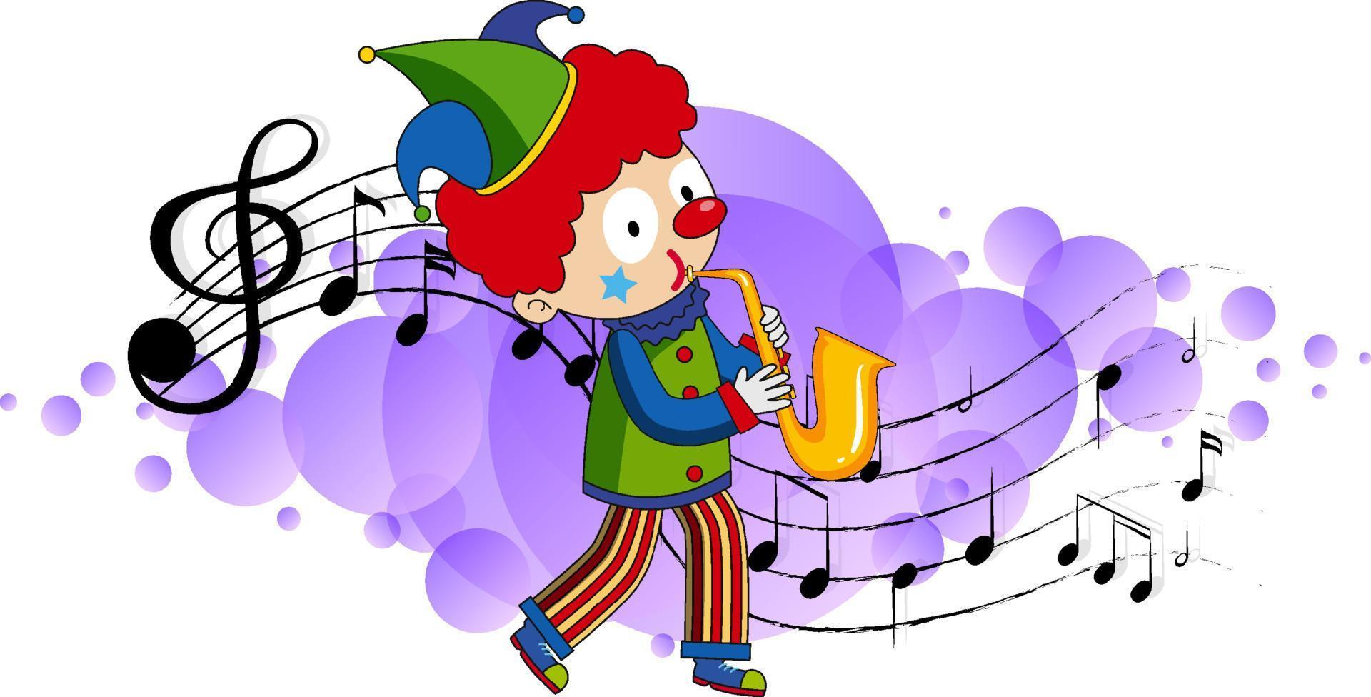 personaje de dibujos animados de un payaso toca el saxofón con símbolos de melodía musical vector