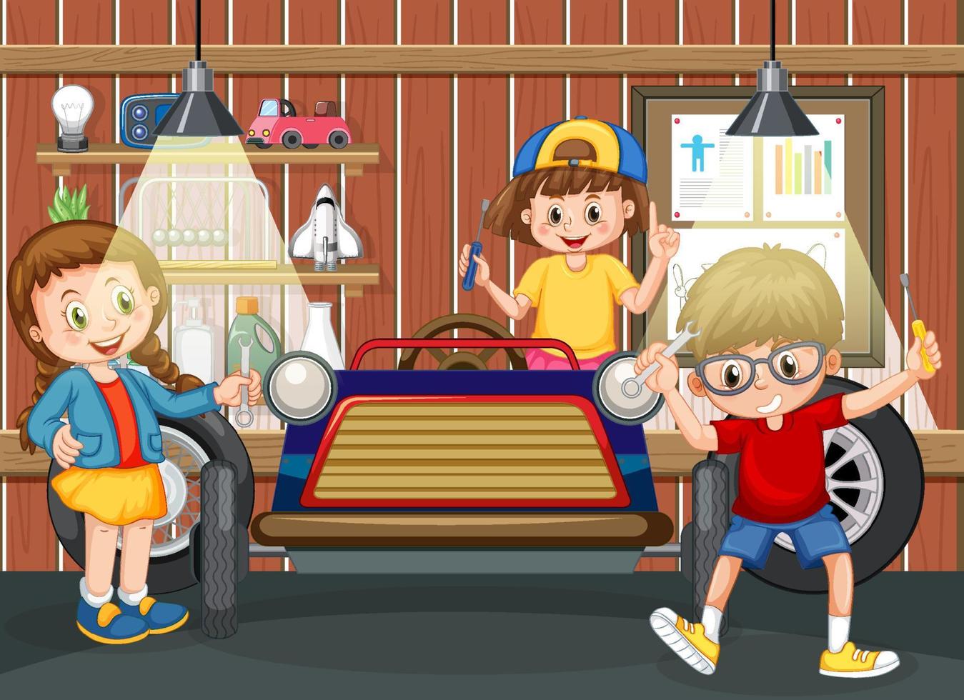 Garage scene with children fixing a car together vector
