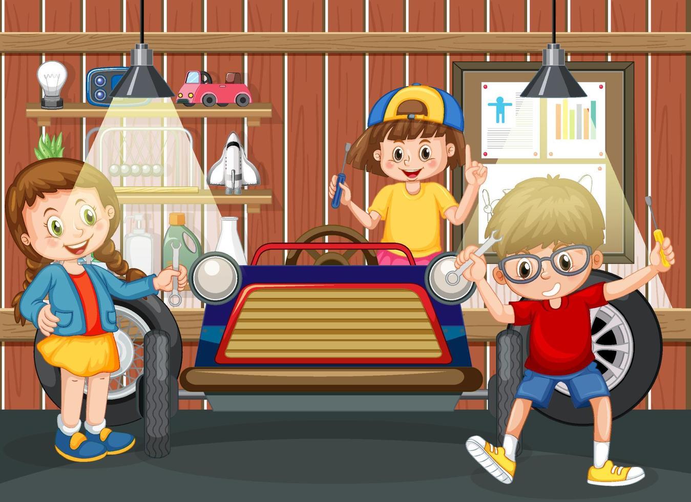 Garage scene with children fixing a car together vector