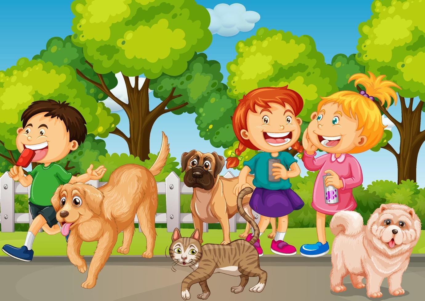 Children playing with their animals at the park vector