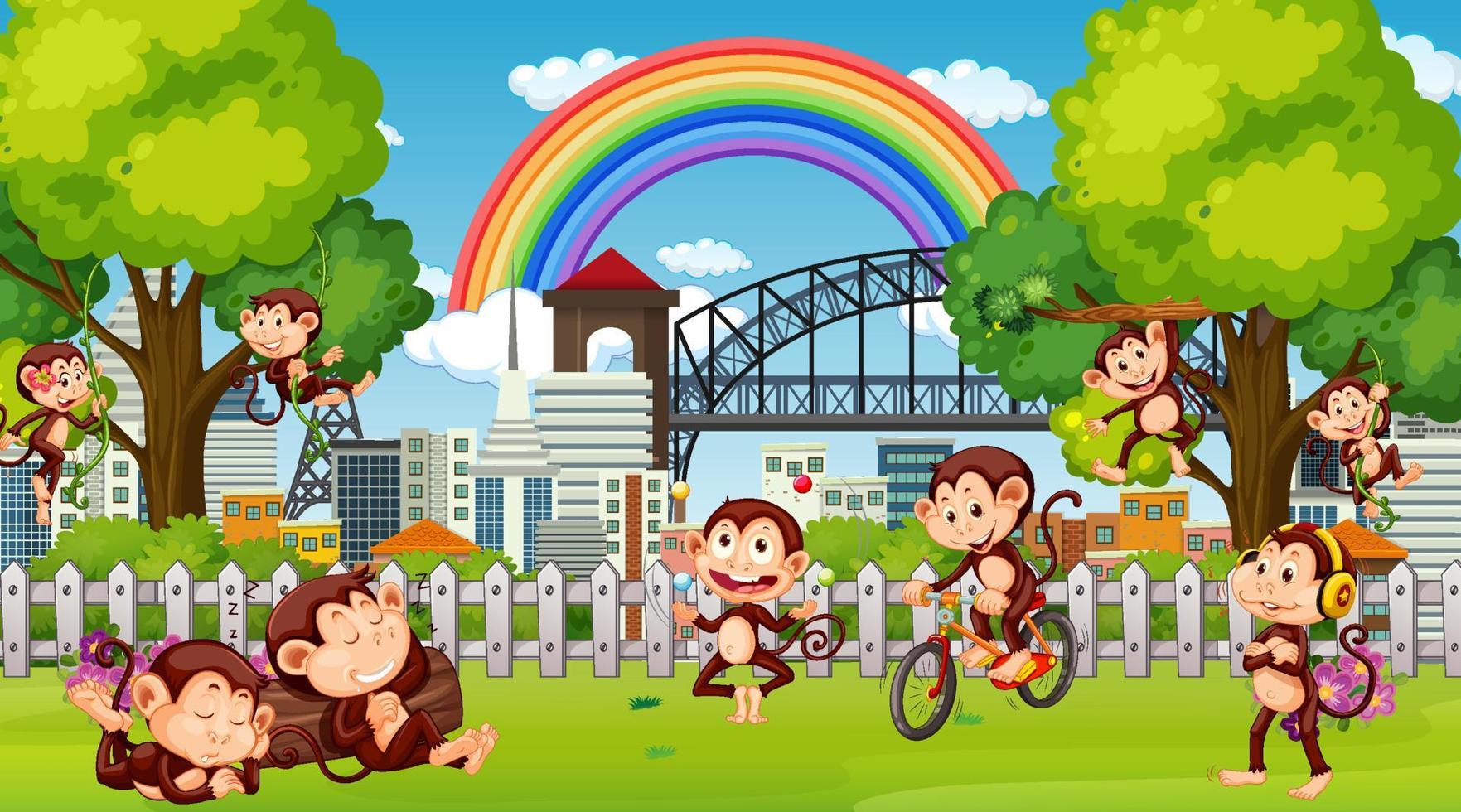 Outdoor park scene with little monkeys doing different activities vector