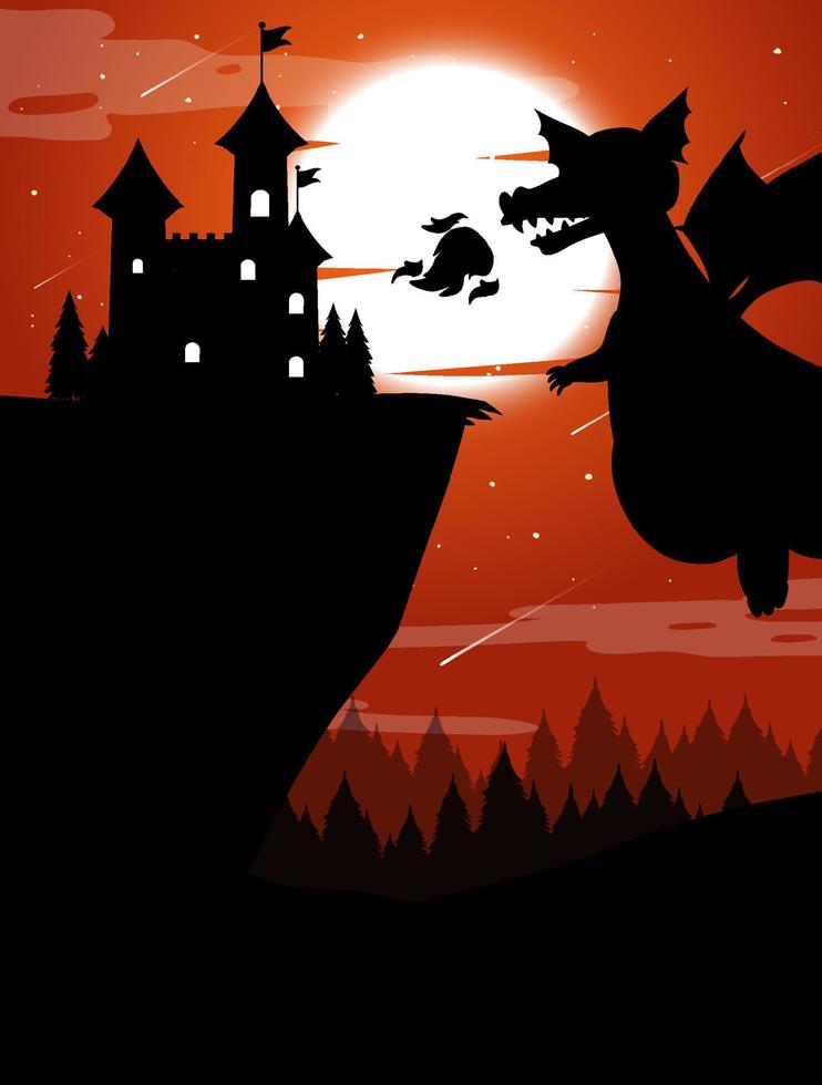 Silhouette castle and dragon with full moon background vector