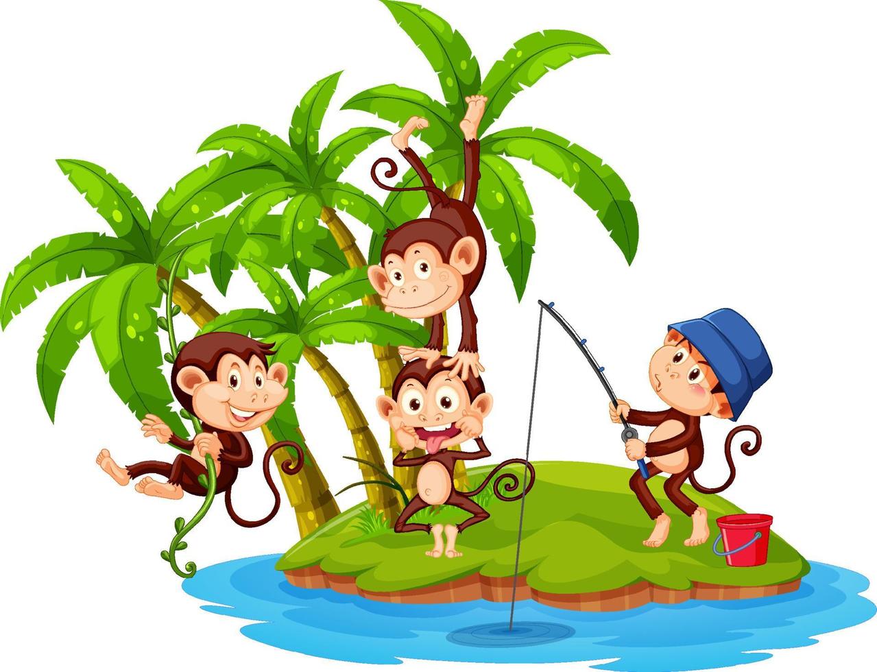 Isolated island with many monkeys cartoon vector