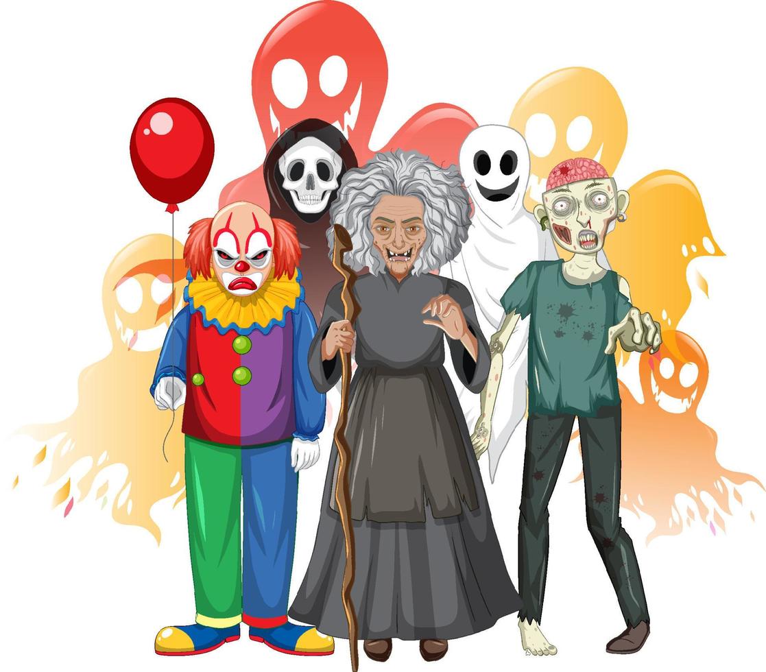 personaje de dibujos animados de halloween con bruja y payaso y zombie vector