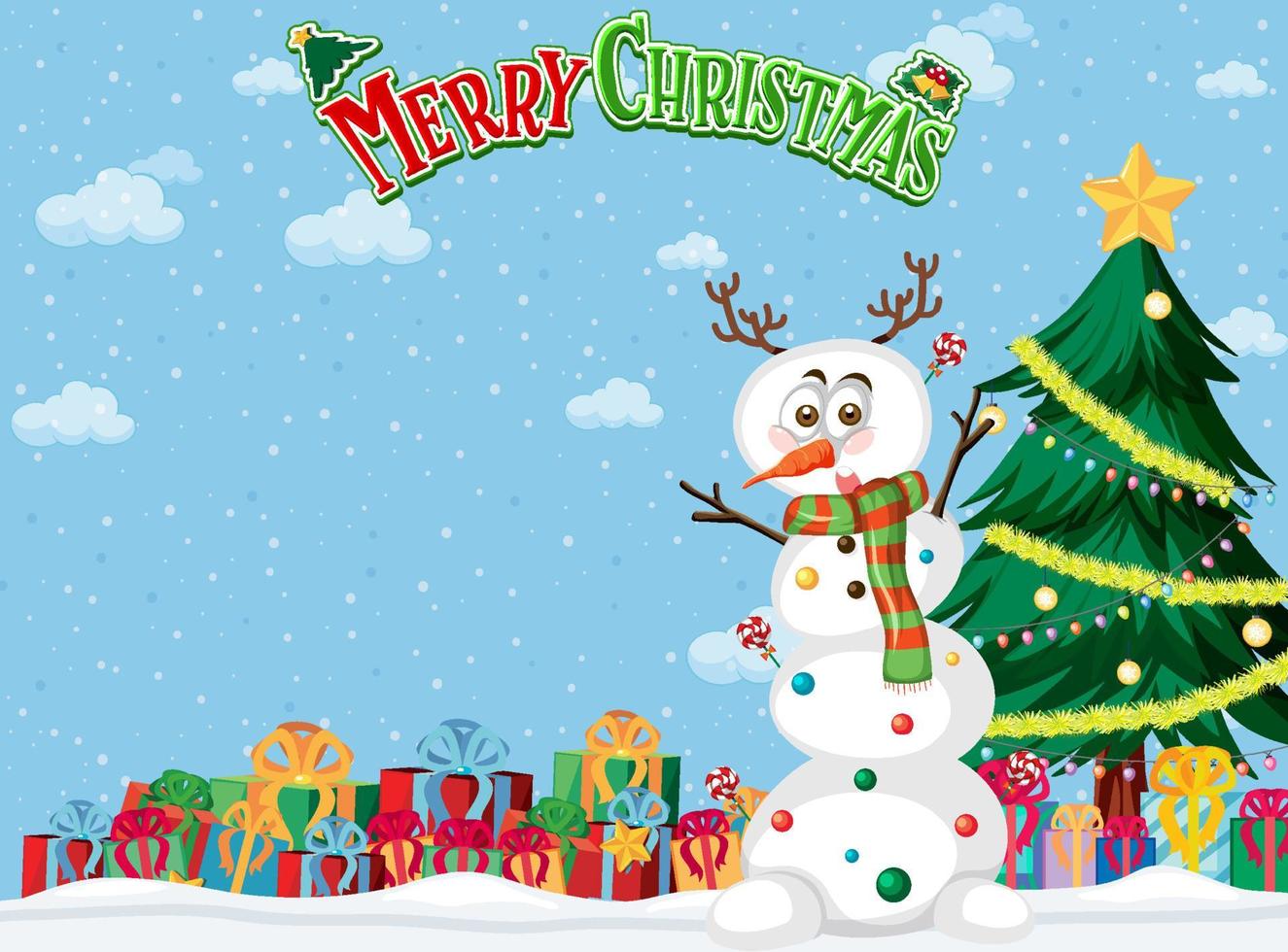 cartel de feliz navidad con lindo muñeco de nieve y árbol vector