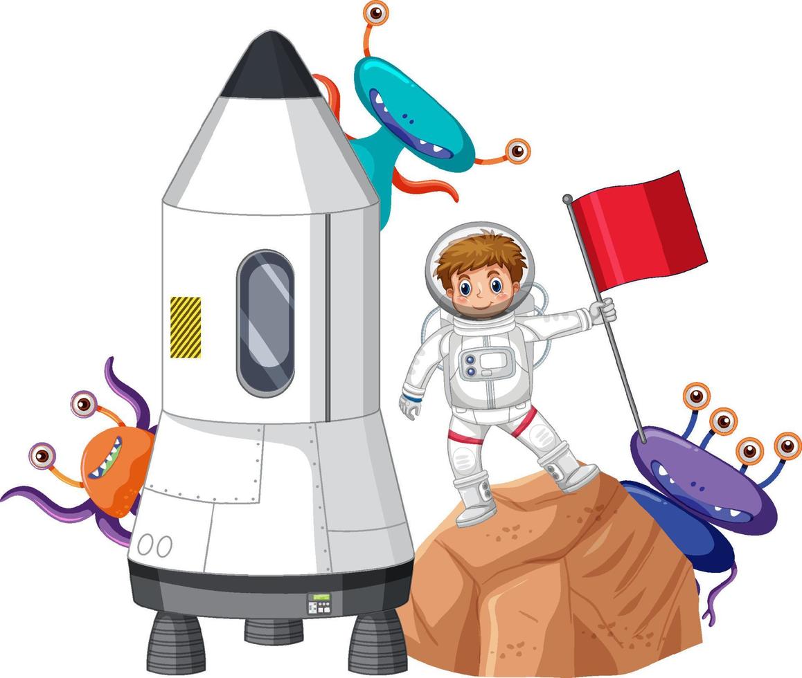 Spaceship with astronaut and alien on white background vector