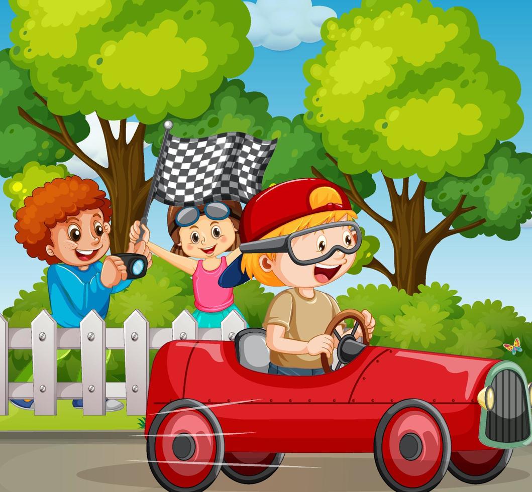 Outdoor scene with children racing car vector