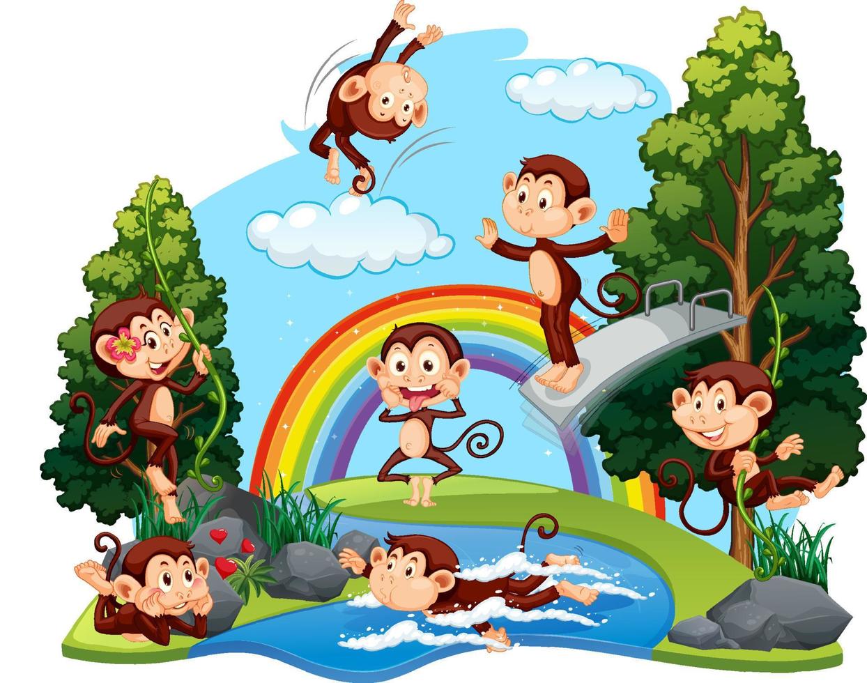 Funny monkeys playing in the forest vector