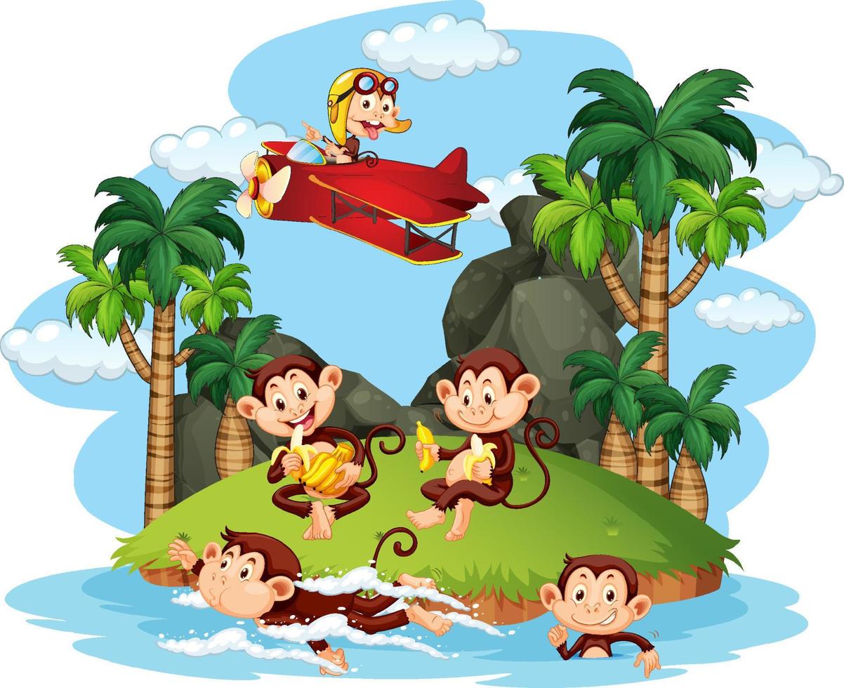 Isolated island with naughty monkeys doing different activities vector