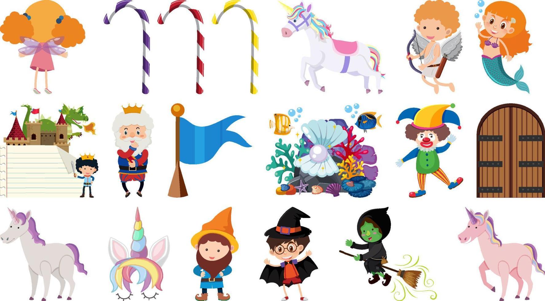 Set of isolated fairytale cartoon characters and objects vector