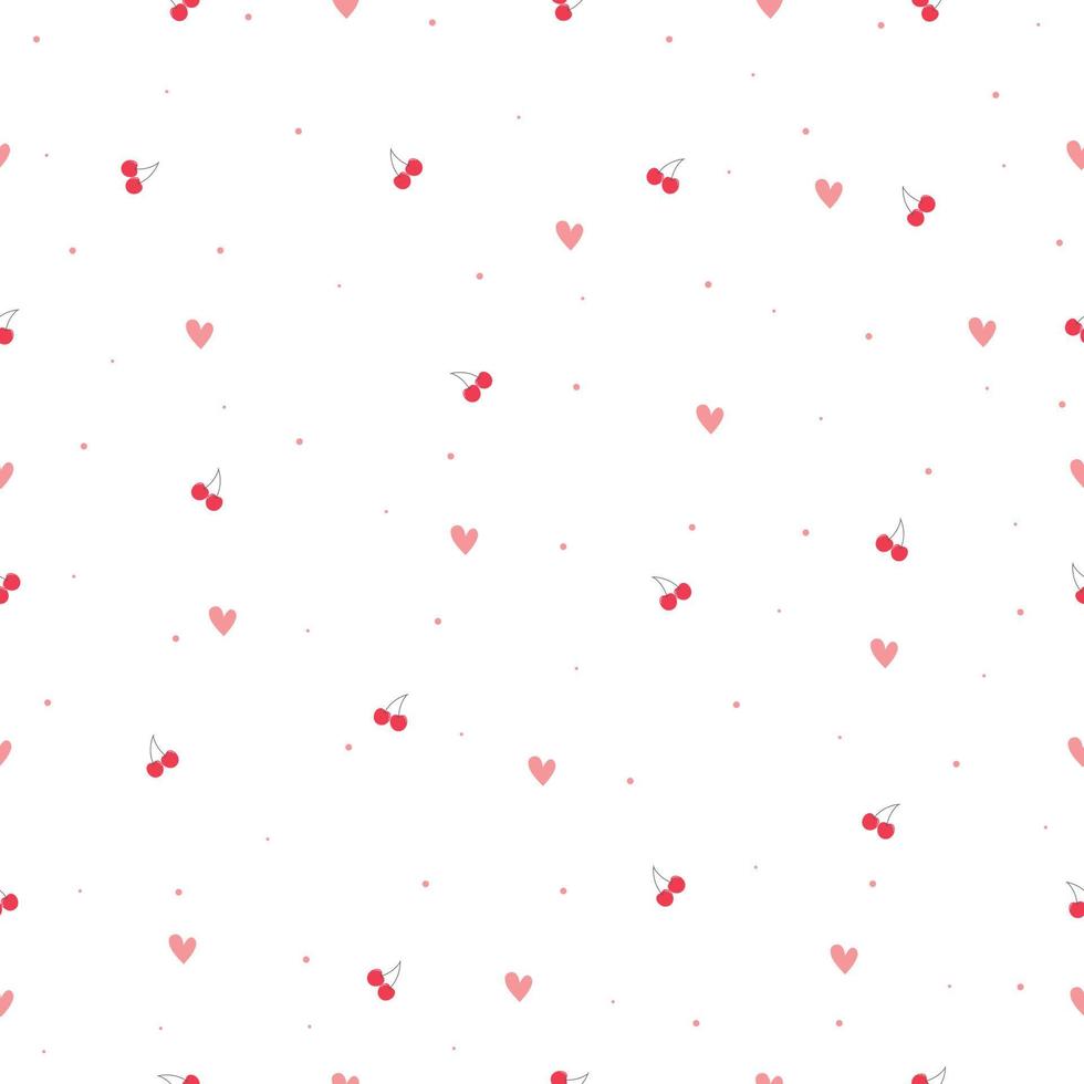 Cute seamless pattern Red cherry effect and heart icon on pink background Hand drawn design in cartoon style used for Publication, poster, gift wrap, fabric, textile, vector illustration