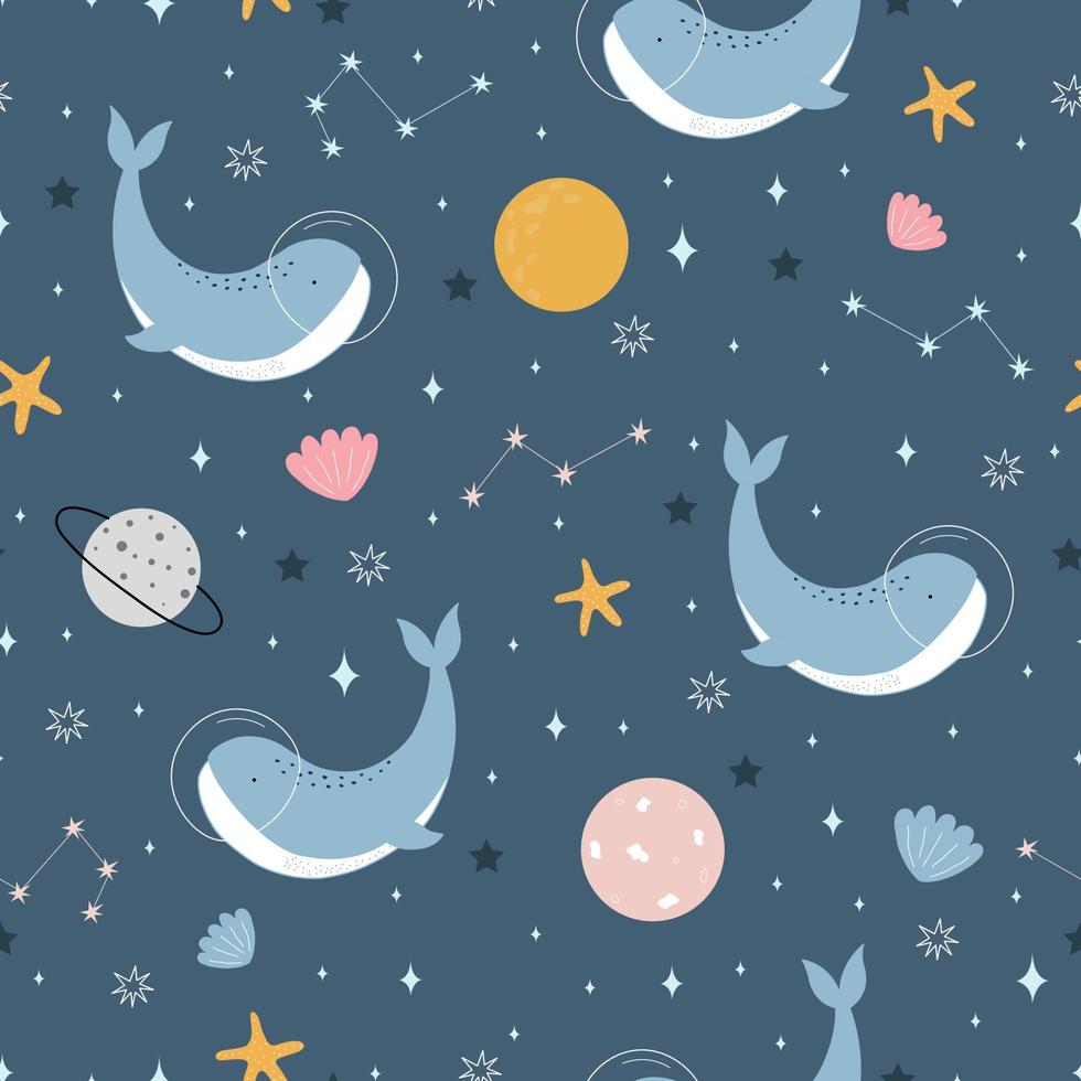 Seamless pattern A whale is floating in a space full of stars. Hand drawn cartoon animal background in childrens style Used for cloth, textile, fashion Vector illustration
