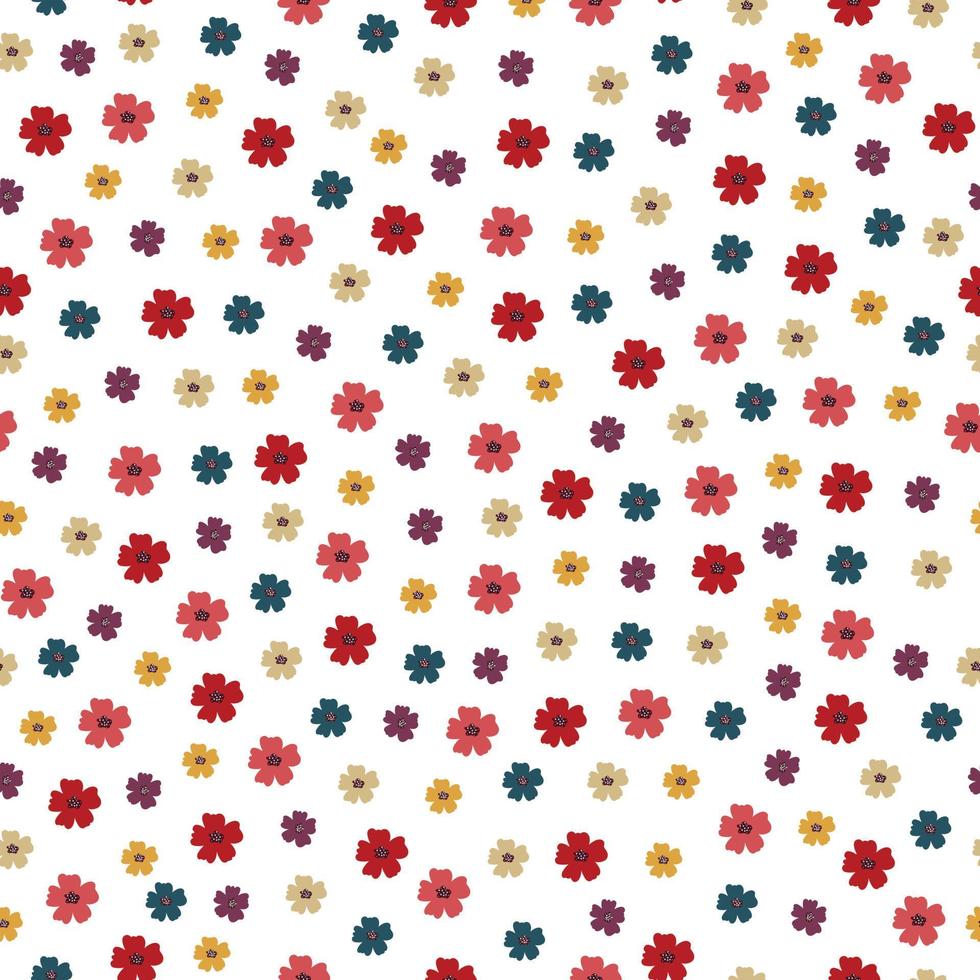 Seamless pattern Colorful flower background arranged randomly. Hand drawn in cartoon style Used for publication, textile, vector illustration