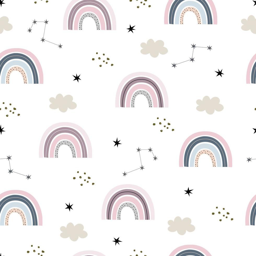 Seamless pattern Starry sky and rainbow background Hand drawn design in cartoon style pastel tones Used for publication, wallpaper, textiles Vector illustration