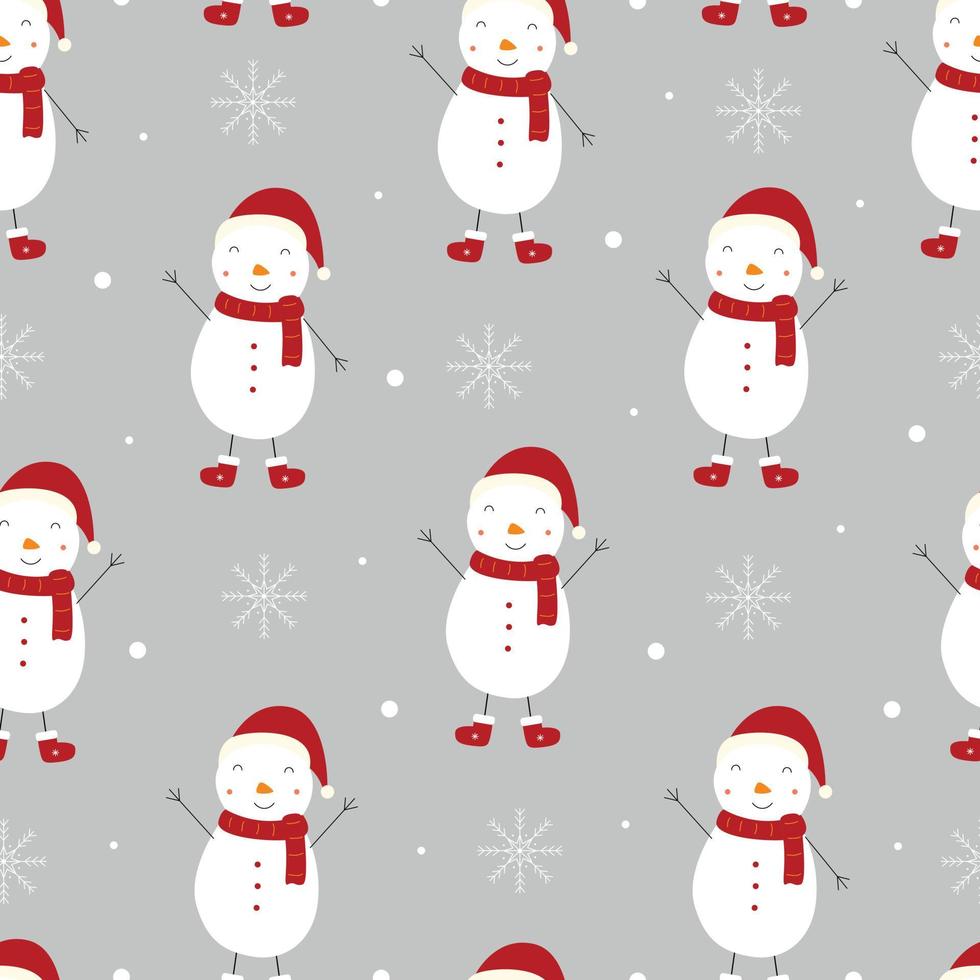 Navidad de patrones sin fisuras con muñecos de nieve y copos de nieve sobre un fondo gris Diseño dibujado a mano en estilo de dibujos animados, uso para impresión, papel tapiz de celebración, tela, textil. ilustración vectorial vector