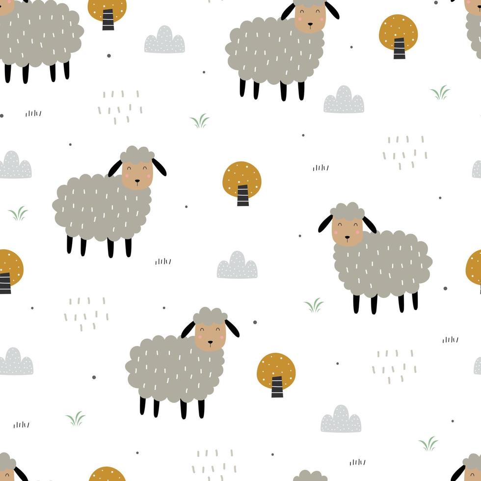 Seamless pattern Cartoon animal background with sheep on grassland Hand drawn design in childrens style used for pattern fabric, textile, wallpaper. Vector illustration