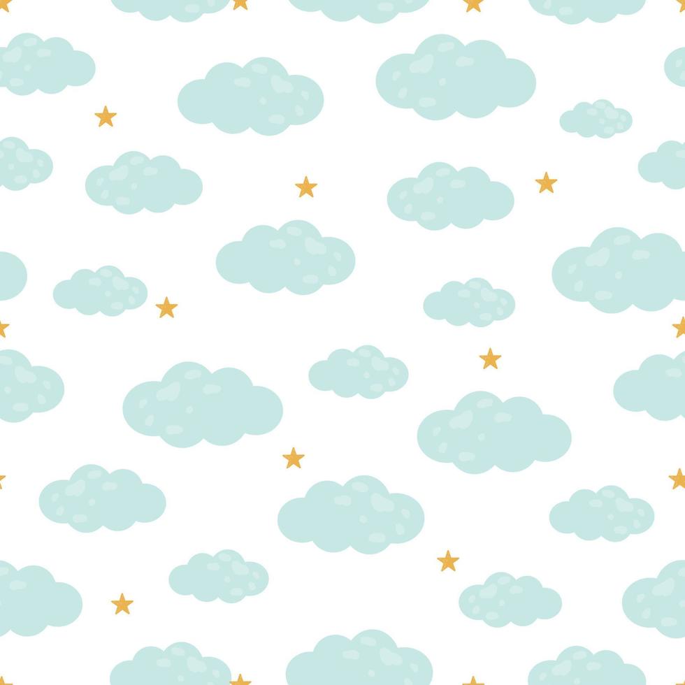 Blue clouds and stars seamless pattern Flat style hand drawn design Used for printing, gift wrapping paper, fabric pattern, textiles Vector illustration